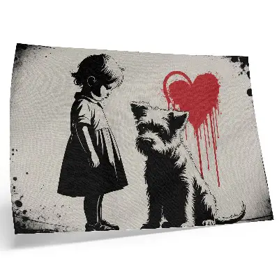Affiche fille monochrome avec un chien et un cœur