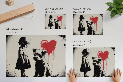 Affiche fille monochrome chien cœur