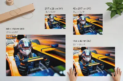 Affiche représentant un pilote dans une voiture de course pleine de vitesse et d'énergie