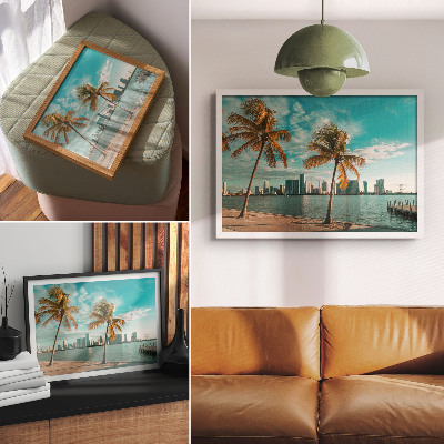Affiche et poster Palmiers, lac, gratte-ciel, ciel turquoise, calme