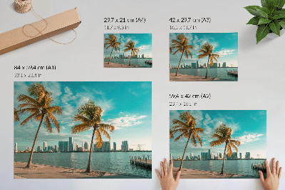 Affiche et poster Palmiers, lac, gratte-ciel, ciel turquoise, calme
