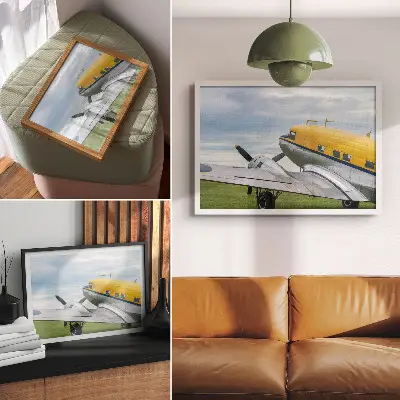 Affiche avion classique élégant aux tons jaune, gris et bleu