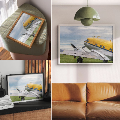 Affiche avion classique élégant jaune, gris et bleu