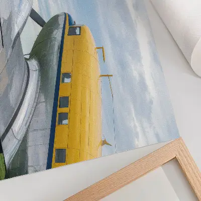 Affiche avion classique élégant aux tons jaune, gris et bleu