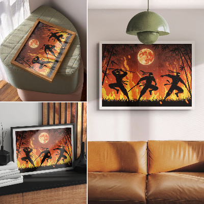 Affiche et poster Scène nocturne dynamique avec des ninjas et des flammes