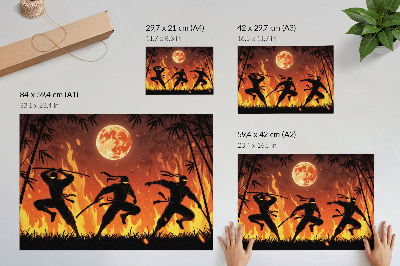 Affiche et poster Scène nocturne dynamique avec des ninjas et des flammes