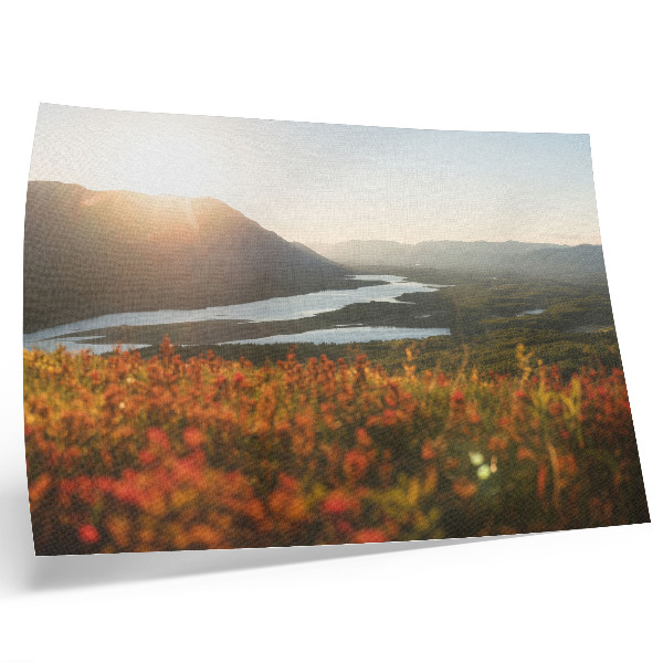 Affiche décorative Fleurs, montagnes, rivière, coucher de soleil, atmosphère paisible
