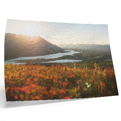 Affiche décorative Fleurs, montagnes, rivière, coucher de soleil, atmosphère paisible