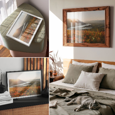 Affiche décorative Fleurs, montagnes, rivière, coucher de soleil, atmosphère paisible