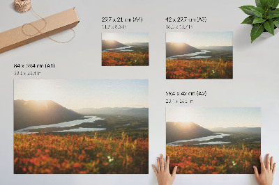 Affiche décorative Fleurs, montagnes, rivière, coucher de soleil, atmosphère paisible