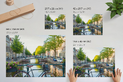 Affiche et poster Canal, pont, arbres, bâtiments, vélo, fleurs