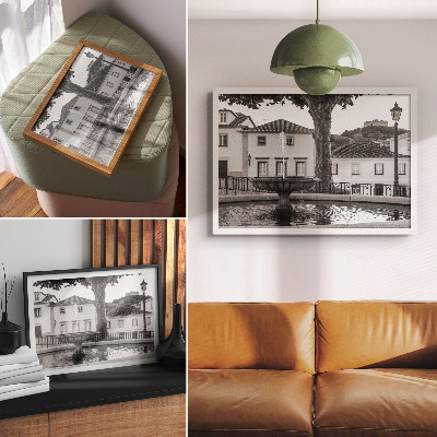 Affiche et poster Fontaine en noir et blanc, bâtiments classiques, château