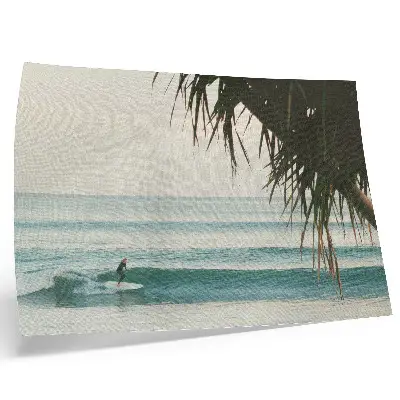 Affiche plage avec surf, vagues, palmiers et nature paisible
