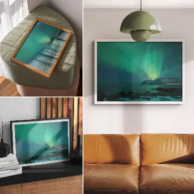 Affiche et poster aurore boréale verte aux lumières scintillantes sur une surface calme