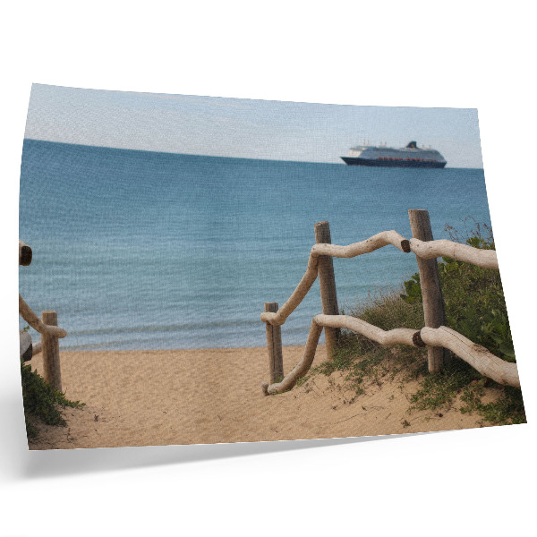 Affiche plage, bateau, mer, rambardes en bois, sable