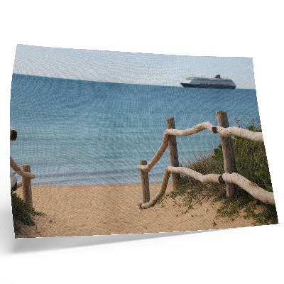 Affiche plage, bateau, mer, rambardes en bois, sable