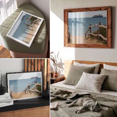 Affiche plage, bateau, mer, rambardes en bois, sable