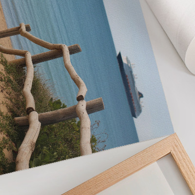 Affiche plage, bateau, mer, rambardes en bois, sable