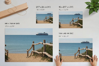 Affiche plage, bateau, mer, rambardes en bois, sable