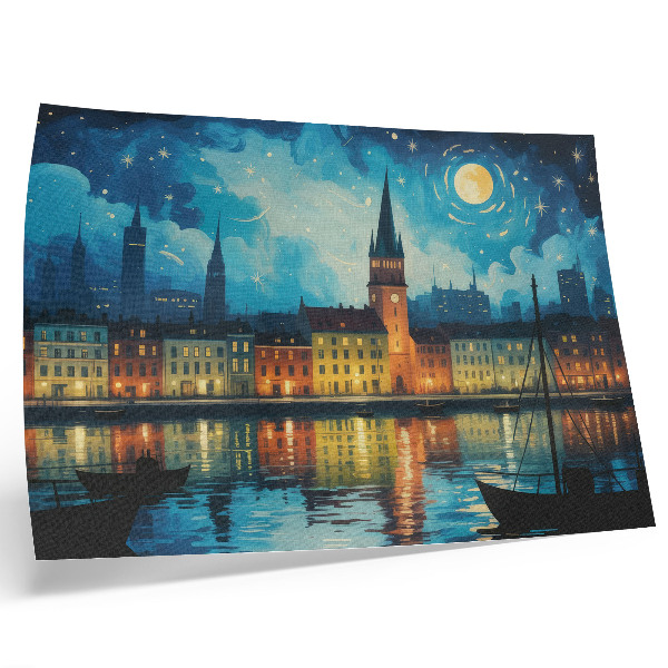 Affiche décorative Reflets nocturnes de la ville, lueur des lampadaires sur l'eau