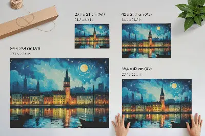 Affiche décorative reflets nocturnes de la ville avec lueurs des lampadaires sur l'eau