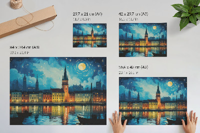 Affiche décorative Reflets nocturnes de la ville, lueur des lampadaires sur l'eau