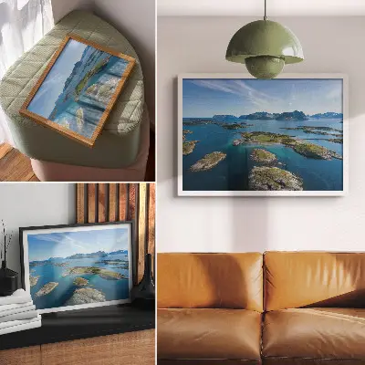 Affiche et poster représentant des îles avec des montagnes, un ciel bleu et une végétation verte