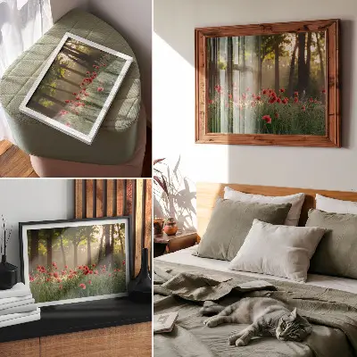 Affiche et poster coquelicots rouges dans une forêt verte sous les rayons du soleil