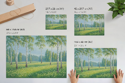 Affiche décorative bouleaux majestueux, fleurs vertes des prés