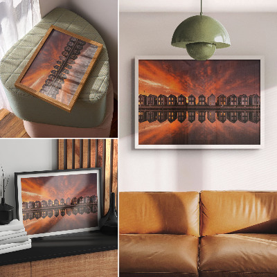 Affiche Maisons colorées au bord de l'eau sous la lumière du coucher de soleil