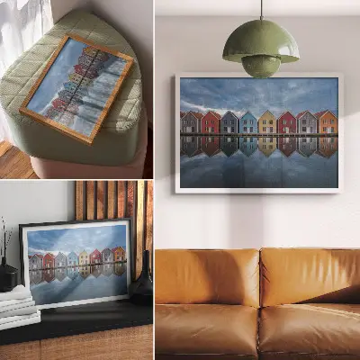 Affiche et poster maisons colorées au style moderne avec une composition symétrique