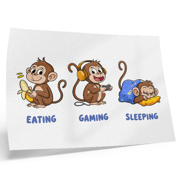 Affiche Illustrations humoristiques d'un singe qui mange, joue et dort