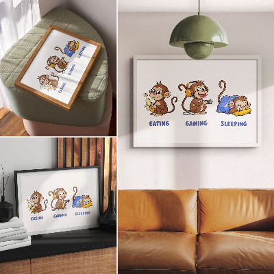 Affiche Illustrations humoristiques d'un singe qui mange, joue et dort