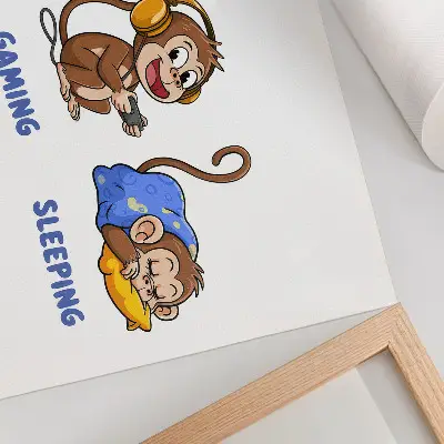 Affiche illustrations humoristiques de singe qui mange, joue et dort