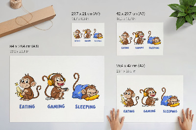 Affiche Illustrations humoristiques d'un singe qui mange, joue et dort