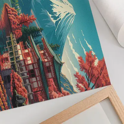 Affiche et poster paysage japonais lac et montagne aux couleurs chatoyantes