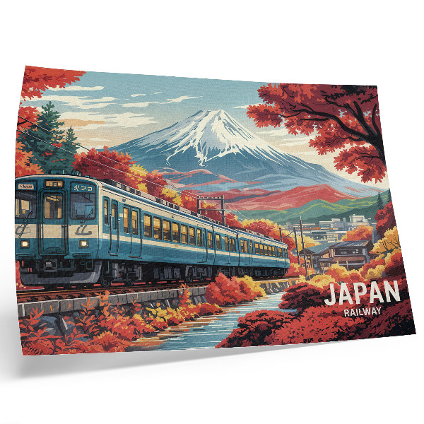 Affiche Un train se détachant sur le fond des montagnes et des couleurs automnales de la nature