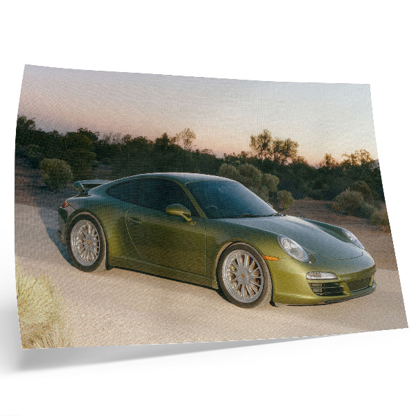 Affiche et poster voiture de sport vert désert coucher de soleil