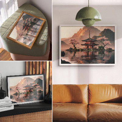 Affiche Bâtiment oriental montagnes lac cerises harmonie