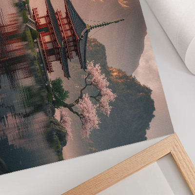 Affiche Bâtiment oriental montagnes lac cerises harmonie