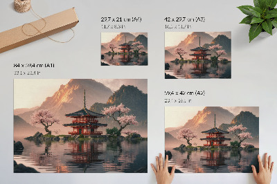 Affiche Bâtiment oriental montagnes lac cerises harmonie