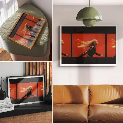Affiche décorative trois plans de course sur fond rouge au style moderne