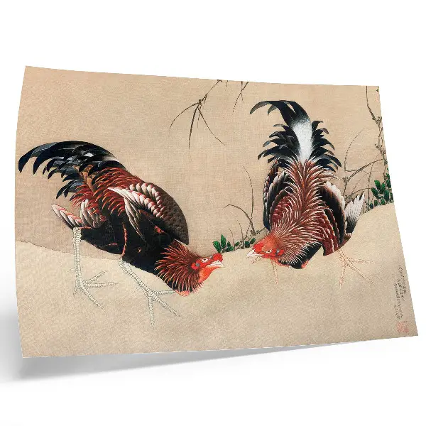 Affiche de l'œuvre Coqs de Katsushika Hokusai (1838) reproduction artistique