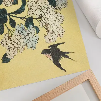 Affiche et poster Hortensia et hirondelle (1833), gravure sur bois en couleurs de Hokusai