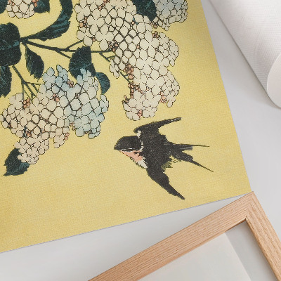 Affiche et poster Hortensia et hirondelle (1833) – une gravure sur bois en couleurs d'Hokusai