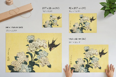 Affiche et poster Hortensia et hirondelle (1833) – une gravure sur bois en couleurs d'Hokusai