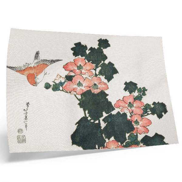 Affiche Roses rouges et oiseau, estampe japonaise ancienne de Katsushiki Hokusai (1760-1849).