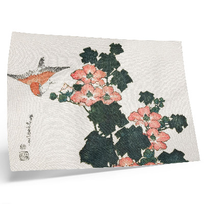 Affiche Roses rouges et oiseau, estampe japonaise ancienne de Katsushiki Hokusai (1760-1849).