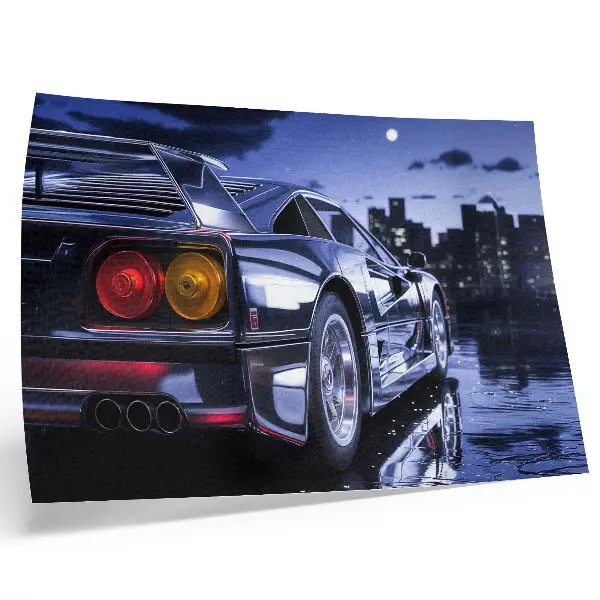Affiche représentant une voiture de sport dans un paysage urbain de nuit