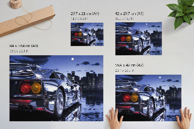 Affiche Une voiture de sport dans un paysage urbain la nuit